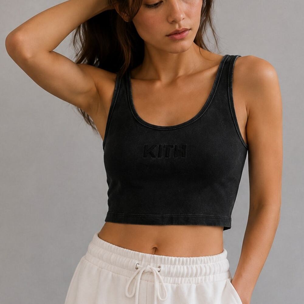 Kith Concrete Tyra Cropped Logo Tank Top Womens M Black Sleeveless Cotton